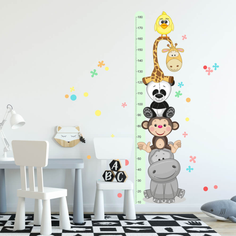 Autocolant pentru perete - Metru de măsurare a înălțimii copiilor cu animale fericite (180 cm)
